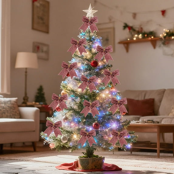 6pcs Must-Have Mini Bow Christmas Tree Ornaments - Cute Small Hanging Decor, Soft Fabric with Ribbon Loops for Xmas Tree, Wreath & Holiday Craft Projects, Assorted Festive Colors, 3.5*3.9in, Pink