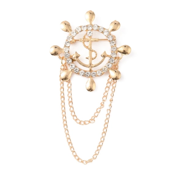 6pcs Naval style Helm & Anchor Rhinestone Brooch for Men Women Zinc Alloy Chain Lapel Pin for Backpack Clothes Golden 78mm