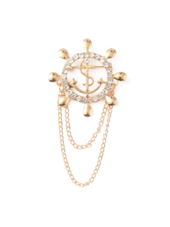 6pcs Naval style Helm & Anchor Rhinestone Brooch for Men Women Zinc Alloy Chain Lapel Pin for Backpack Clothes Golden 78mm