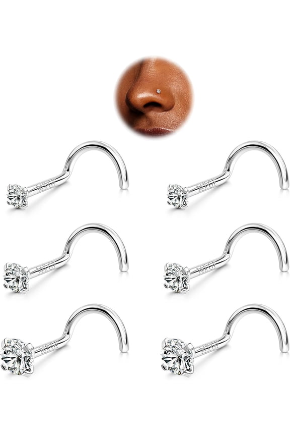 6pcs Nose Studs - 316L Surgical Steel Corkscrew Nose Rings 18G/20G/22G Nose Piercing Stud 1.5 mm 2 mm 3 mm CZ Screw Nose Rings Studs Nostril Piercing Jewelry for Women Men