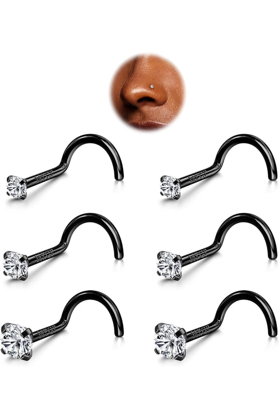 6pcs Nose Studs - 316L Surgical Steel Corkscrew Nose Rings 18G/20G/22G Nose Piercing Stud 1.5 mm 2 mm 3 mm CZ Screw Nose Rings Studs Nostril Piercing Jewelry for Women Men