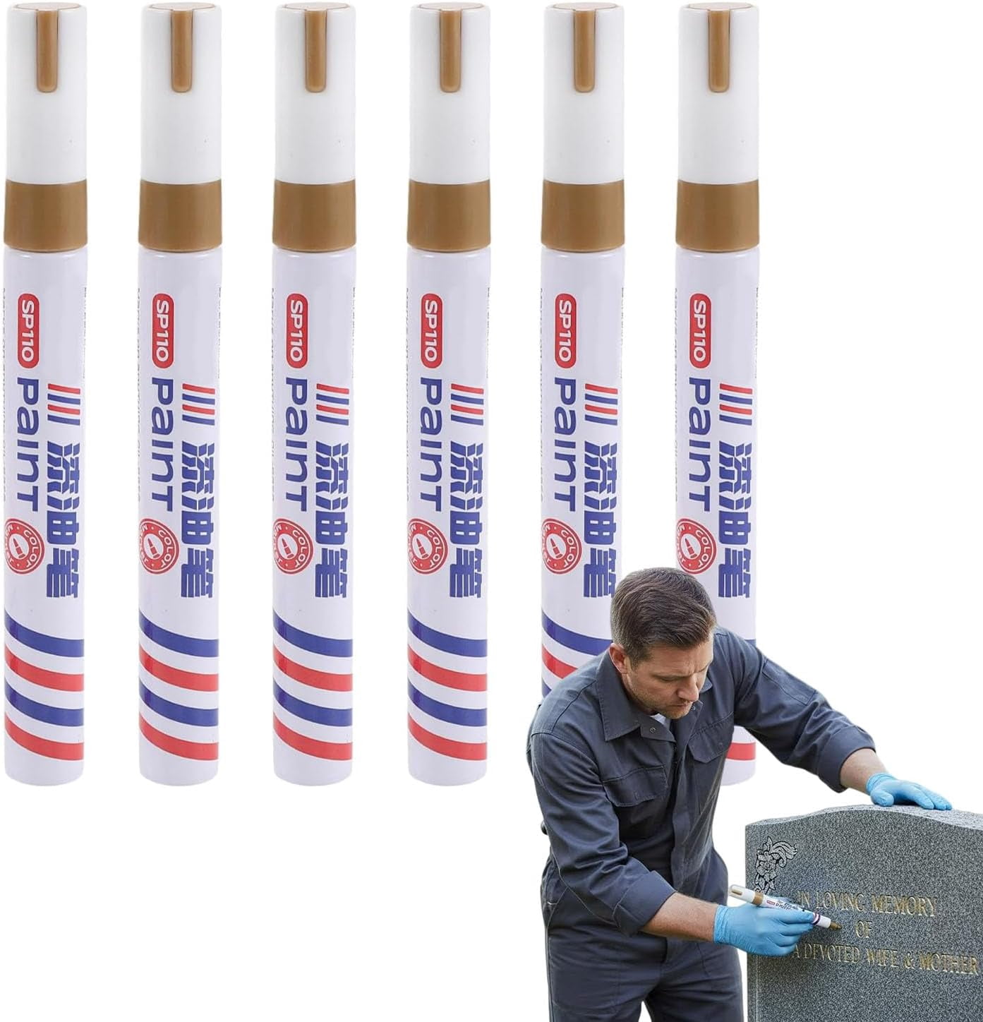 6pcs Oil Based Paint Pens for Tombstone Repair - Golden Paint Marker Pen - Waterproof and Windproof Markers for Granite Headstones, Grave, Mug, Ceramic