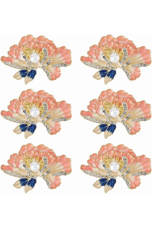 6pcs Peony Flower Enamel Pins Alloy Rhinestone Brooch for Backpack Clothes with Resin Imitation Pearl Beads Light Gold 35x49.5mm creative