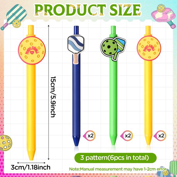 6pcs Pickleball Ballpoint Pens, Sporty Party Favors Black Ink 0.5mm