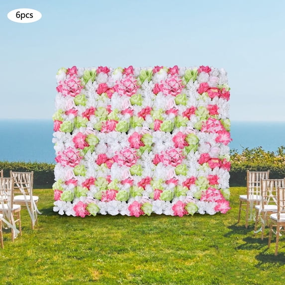 6pcs Artificial Flower Wall Panels Dahlia Silk Rose Wedding Backdrop Party Decor, Pink+Fruit Green
