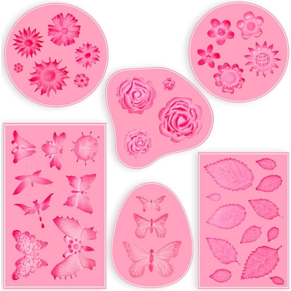 6pcs Pink Polymer Clay Molds,non-stick Silicone Molds for Cake Decorating - Butterfly/rose/leaf