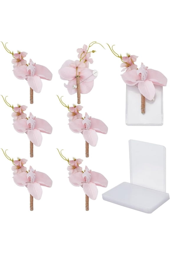 6pcs Pink Wedding Boutonniere Pocket Elegant Flower Pocket Boutonnieres Silk Rose Groom's Boutonniere with 6 Plastic Sleeve Wedding Corsages for Men Groom Groomsmen Party Dinner