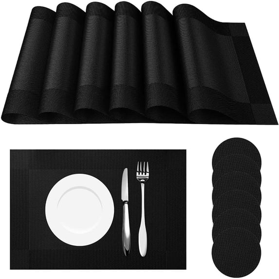 6pcs Placemats PVC Place Mats and Coasters Washable Non-Slip Heat Resistant Table Mats for Kitchen Dining Table Home Restaurant 12"×18", Black