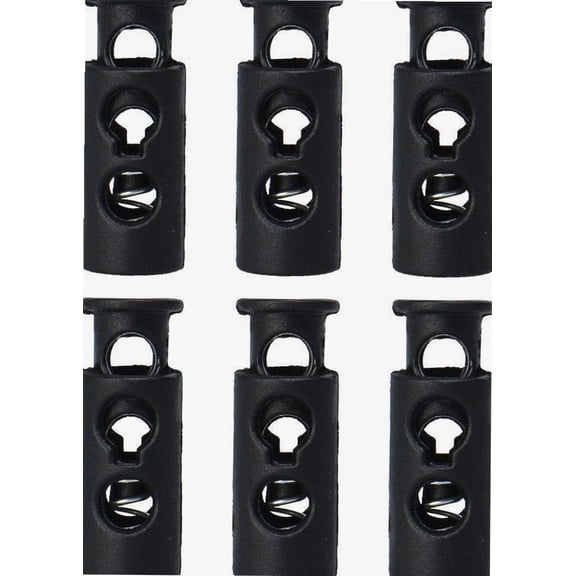 6pcs Plastic Spring Cord Locks, End Stopper Double Hole Toggle Rope Fastener for Drawstrings Clothing, Shoelaces, Bags, Black