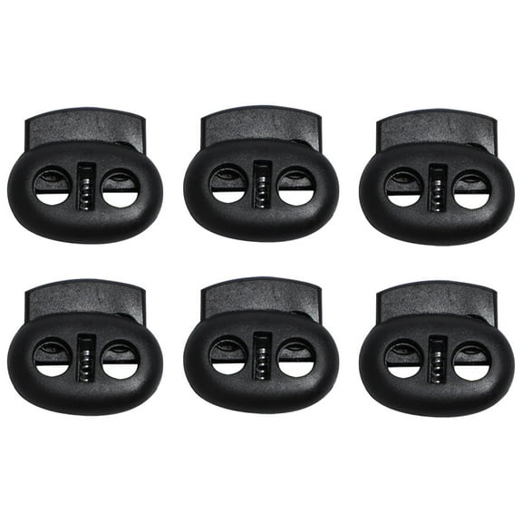 REGALWOVEN 6Pcs Plastic Spring Cord Locks Rope Fastener Double Holes Toggle Stoppers Sliders for Backpack Shoelaces, Black #1