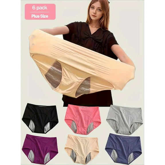 6pcs Plus Size Women's Leakproof Period Panties - High Waist, Tummy Control, Stretchy Nylon Blend, Solid Color