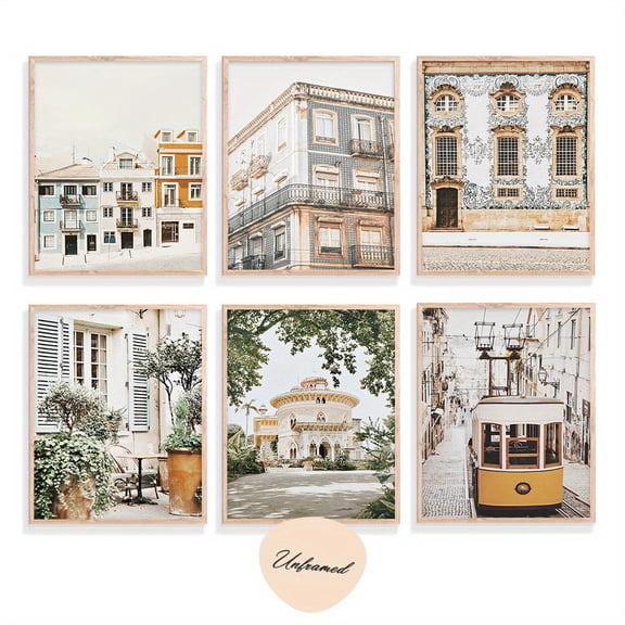 6pcs Portugal Travel Poster Set, Fashion-Themed European Cityscapes, Frameless 20.32x25.4 cm Gallery Wall Art, Neutrals Home Decor for Living Room, Bedroom, Kitchen