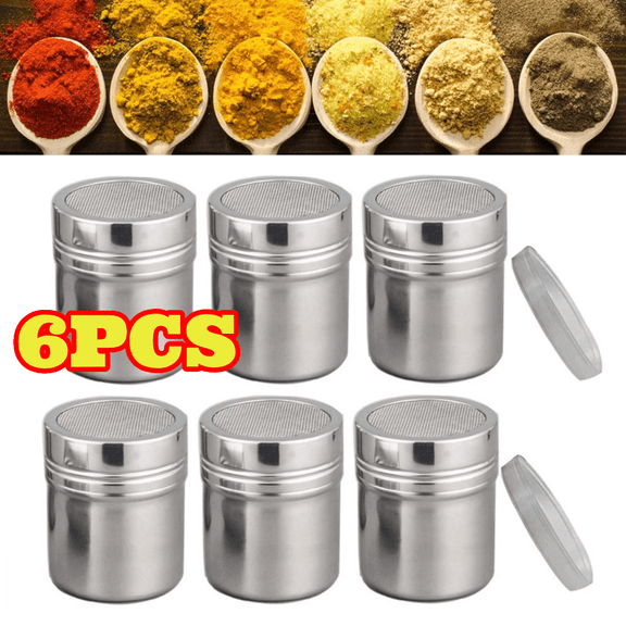 6pcs Powder Shaker with Lid, Stainless Steel Fine Mesh Shaker, for Sifter Cocoa, Cinnamon Powder, Icing Sugar, Chocolate Coffee, Silver