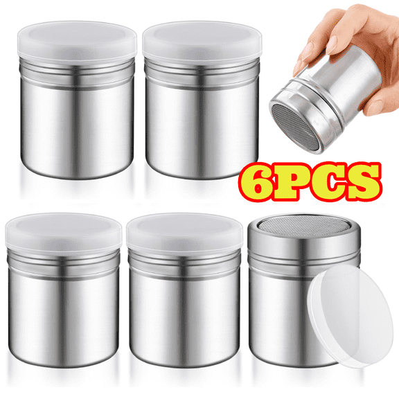 6pcs Powder Sugar Shaker Duster with Lid, Stainless Steel Fine Mesh Shaker Powder Cans, Sifter Dredge Shaker for Powder Sugar Cocoa Pepper Coffee Salt