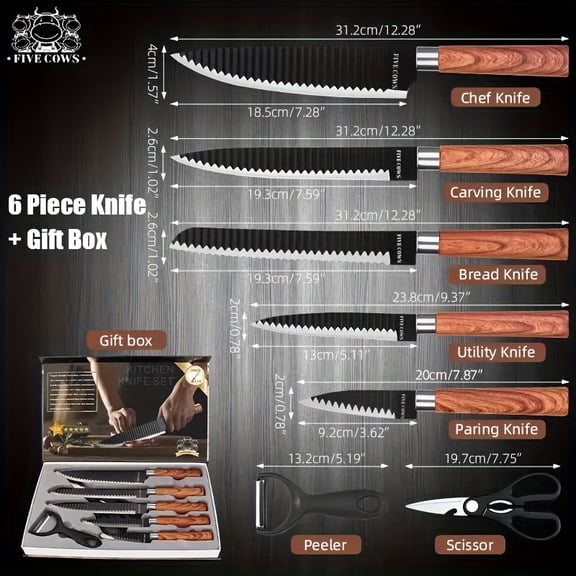 6pcs Professional Kitchen Chef Knife Set - Stainless Steel Multi-Purpose, Butcher, Boning, Cutter & Fish Knife - Convenient Home Gift