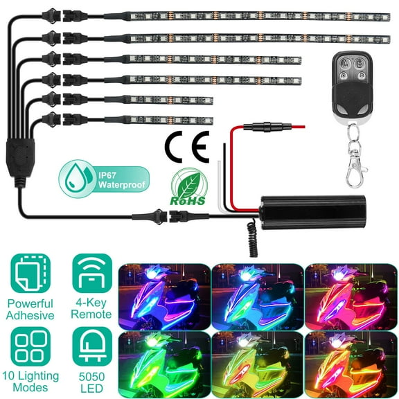 6pcs RGB Motorcycle Flexible Strip LED Light Lamp Neon Remote Kit DC 12V Multi-Color Atmosphere Lights for All Kinds of Motorcycle, Car, Bike, Trucks, etc.