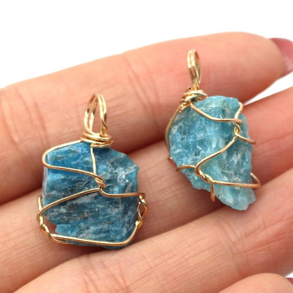6pcs Raw Rough Apatite Pendants Nuggets with Golden Copper Wire Wrapped 18~30x12~22mm