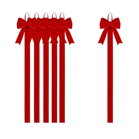 6pcs Red Velvet Christmas Bows with Long Ribbon Tails – Hanging Photo Display Holiday Bows for Tree, Window, Wall, Gift Box, Wedding, Home Decoration