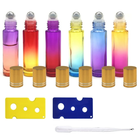 6pcs Refillable Essential Oil Bottles Gradient Glass Roller Bottles with Stainless Steel Roller Balls