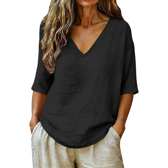 Summer Tops for Women Linen Tops For Plus Size Summer Gauzy Shirts Mid Length Sleeve V Neck Blouses Casual Loose Clothes Cute Summer Tops1 PC