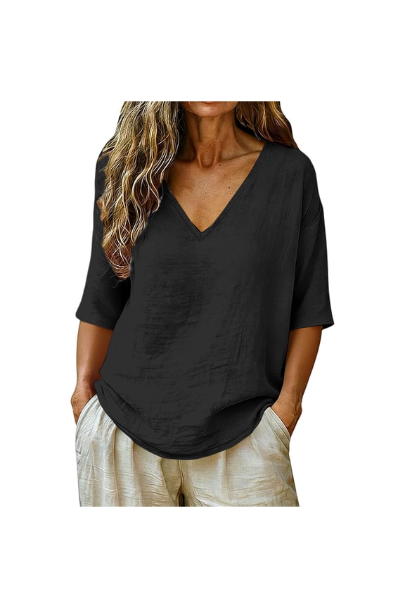 Summer Tops for Women Linen Tops For Plus Size Summer Gauzy Shirts Mid Length Sleeve V Neck Blouses Casual Loose Clothes Cute Summer Tops1 PC