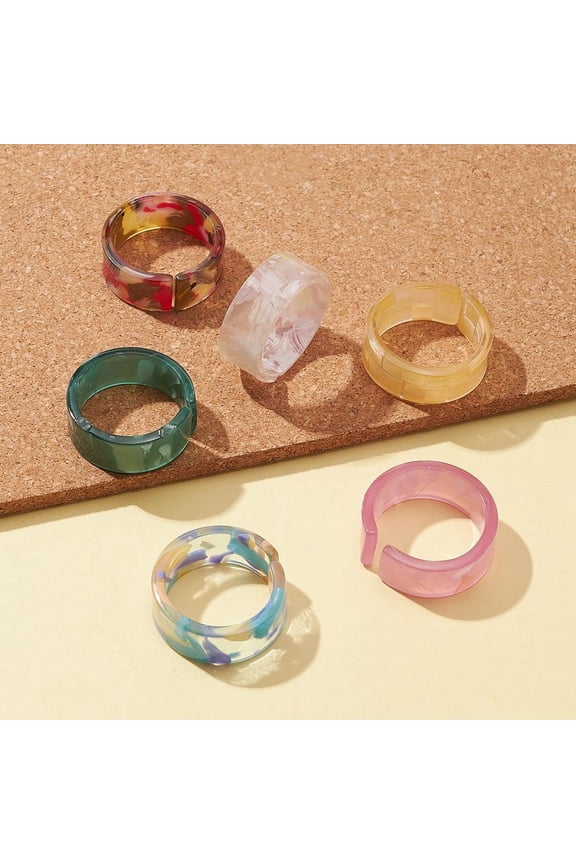 6pcs Resin Wide Band Cuff Ring Open Ring for Women Mixed color Size 11 3/4(21.1mm)