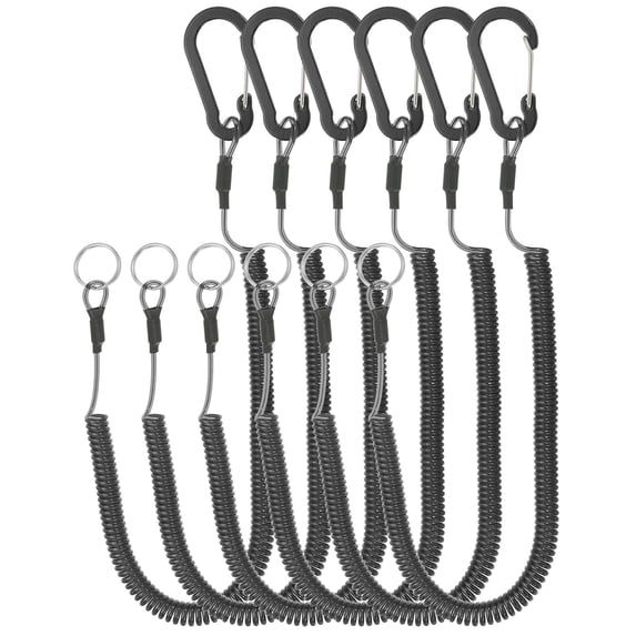 6pcs Retractable Spring Coil Straps, 6" Spiral Lanyard Cord with Aluminium Clip and Key Ring, Black