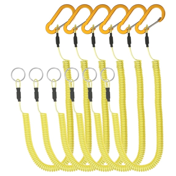 6pcs Retractable Spring Coil Straps, 6" Spiral Lanyard Cord with Aluminium Clip and Key Ring, Yellow