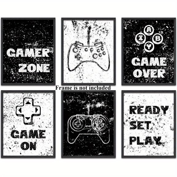 6pcs Retro Video Game Wall Art, Black And White Gaming Poster Prints, 20.32X25.4 cm, Frameless Art Prints for Room, Dorm, Playroom Decor, Paper Material