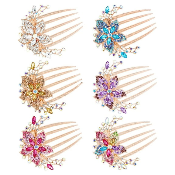 6pcs Rhinestones Hair Accessories for Women, Crystals Flower Hair Fork Clips for Updo Buns, Decorative French Twist Pins for Women