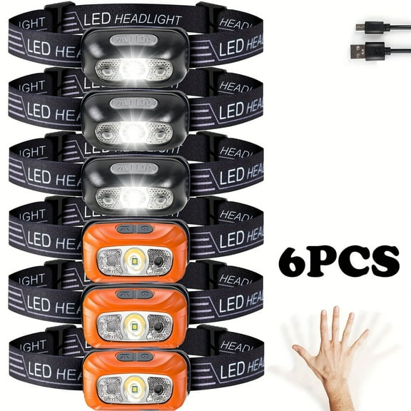 6pcs Running Headlamp - USB Rechargeable Mini LED Headlights with Hand Sensor, Adjustable Band & Angle, Lightweight Headlamps for Outdoor Sports, Jogging, Fishing, Camping