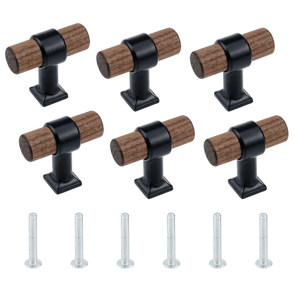 6pcs Rustic Walnut Wood Drawer Pulls - Heavy-Duty Cabinet Handles with Zinc Alloy Base & Wood Knobs, Compatible for Wardrobe, Dresser, Cabinet - Wood for Farmhouse, Modern, Traditional DIY/