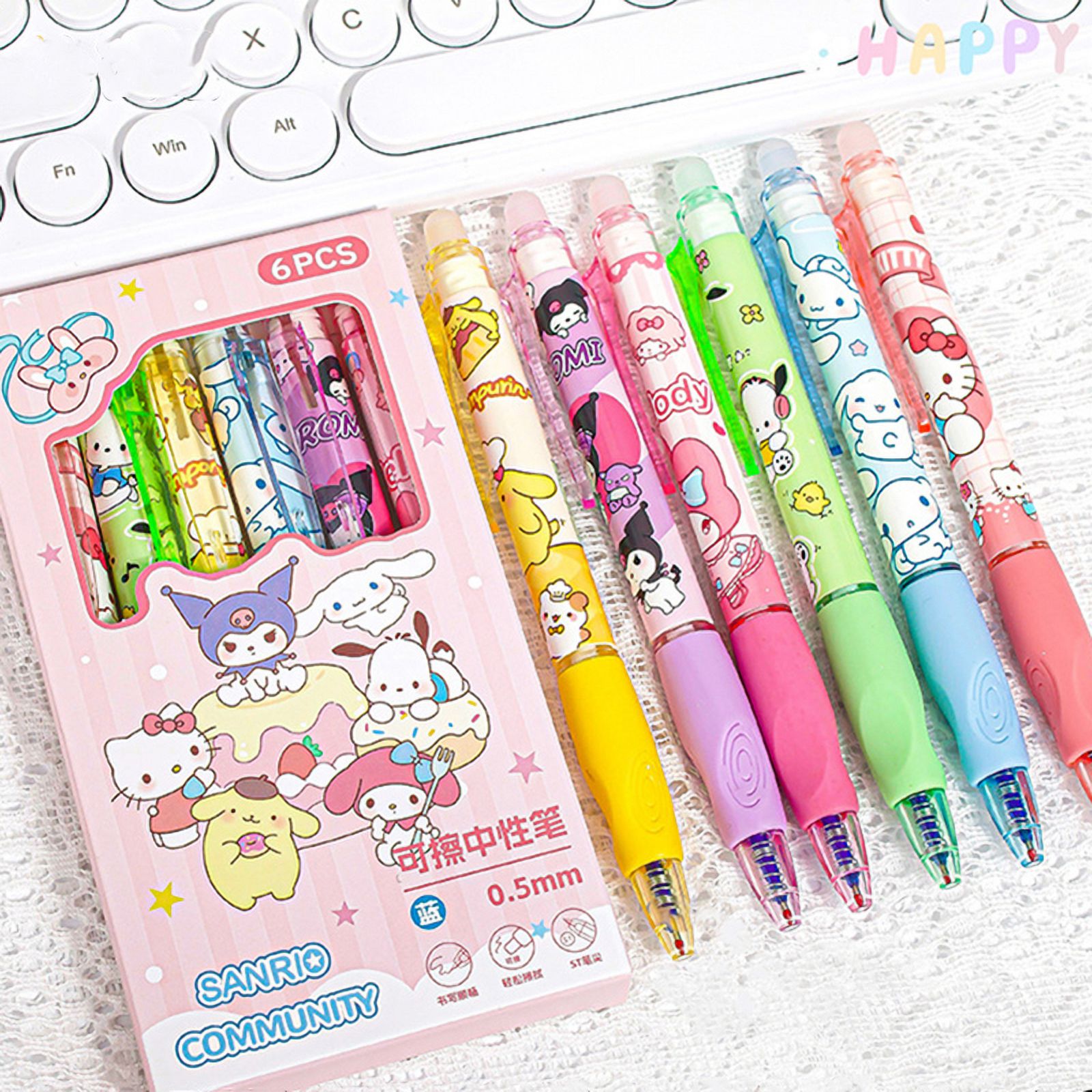 6pcs Sanrio Erasable Gel Pen Cute Kuromi Cinnamoroll Hello Kitty