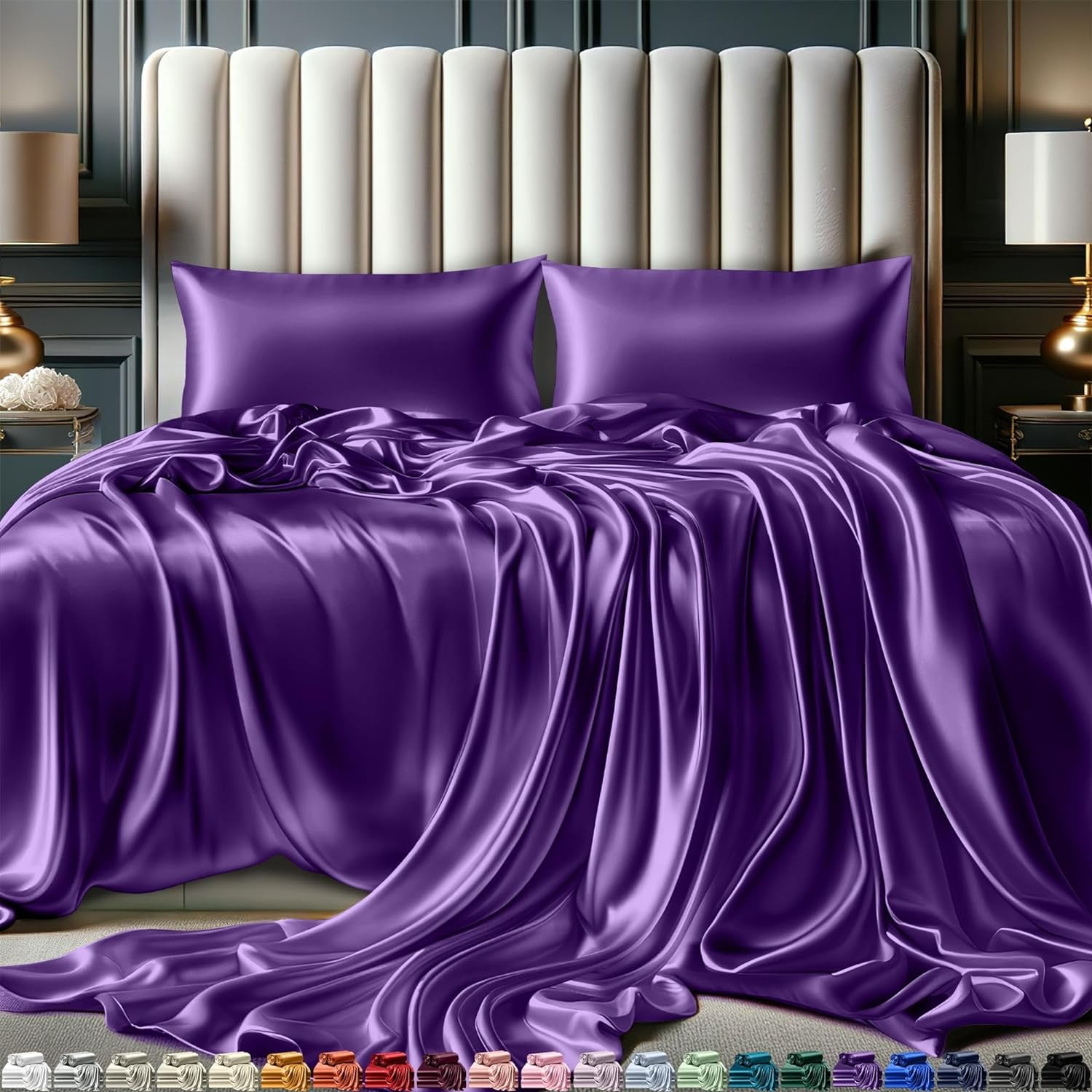 6pcs Satin Sheets Set Silk Touch Satin Sheets w/Deep Pocket All