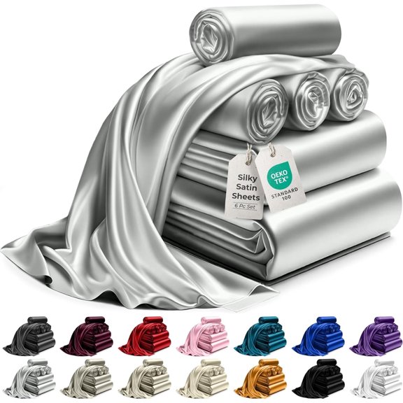 6-Piece Satin Sheets Set - Deep Pocket, All-Season, Silky Soft,King