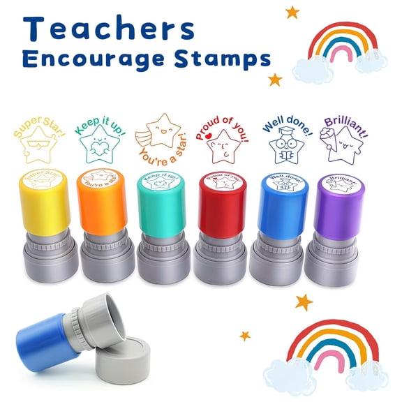 6pcs Self-Inking Star Teacher Stamp Set for Classroom Grading, Behavior Assessment, Positive Reinforcement, Homework, Quizzes, and Rewards - Cute Motivational Star Designs with Built-In Ink Pad