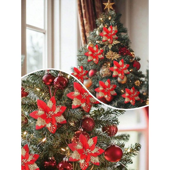 6pcs/Set Artificial Poinsettia Flowers, Fake Tree Ornament Decoration, Suitable For Party Decor