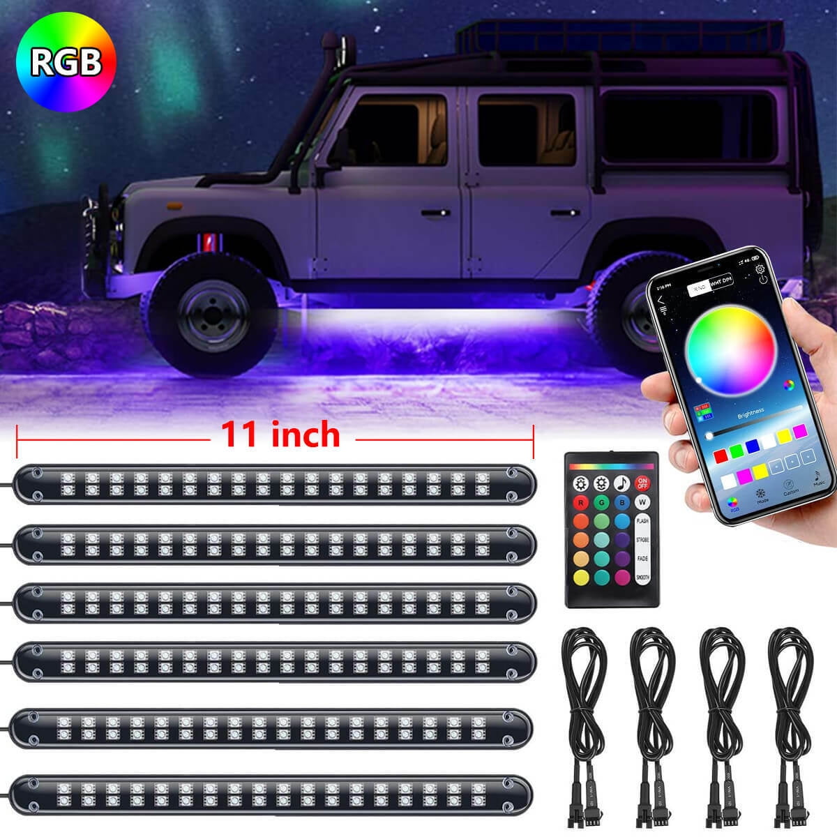 6pcs/Set Car Underglow Neon Accent Strip Lights Kit RGB Million Multi-Color Music Lamp