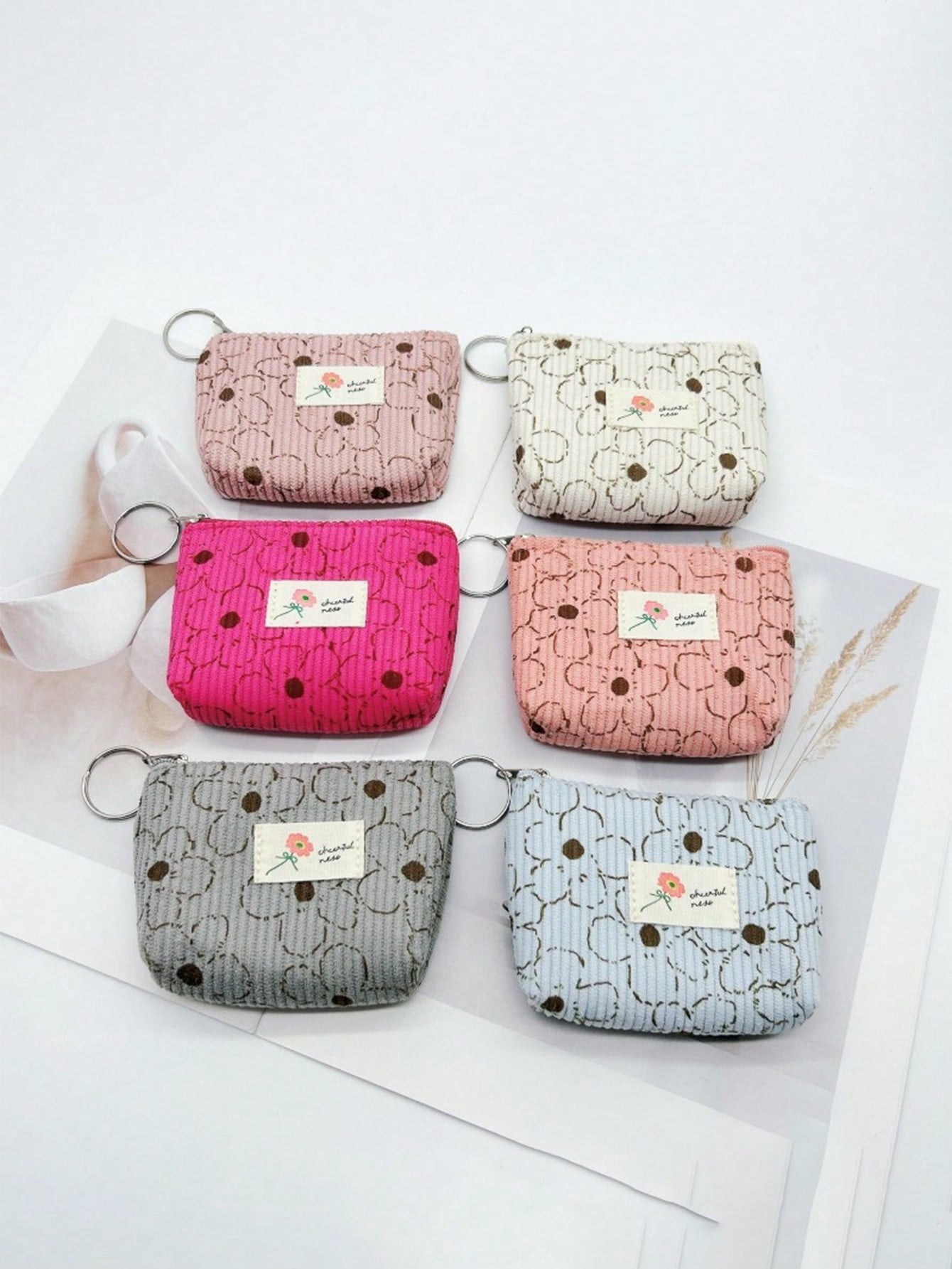 6pcs Set Fashionable Corduroy Printed Mini Coin Purse With Keychain ...