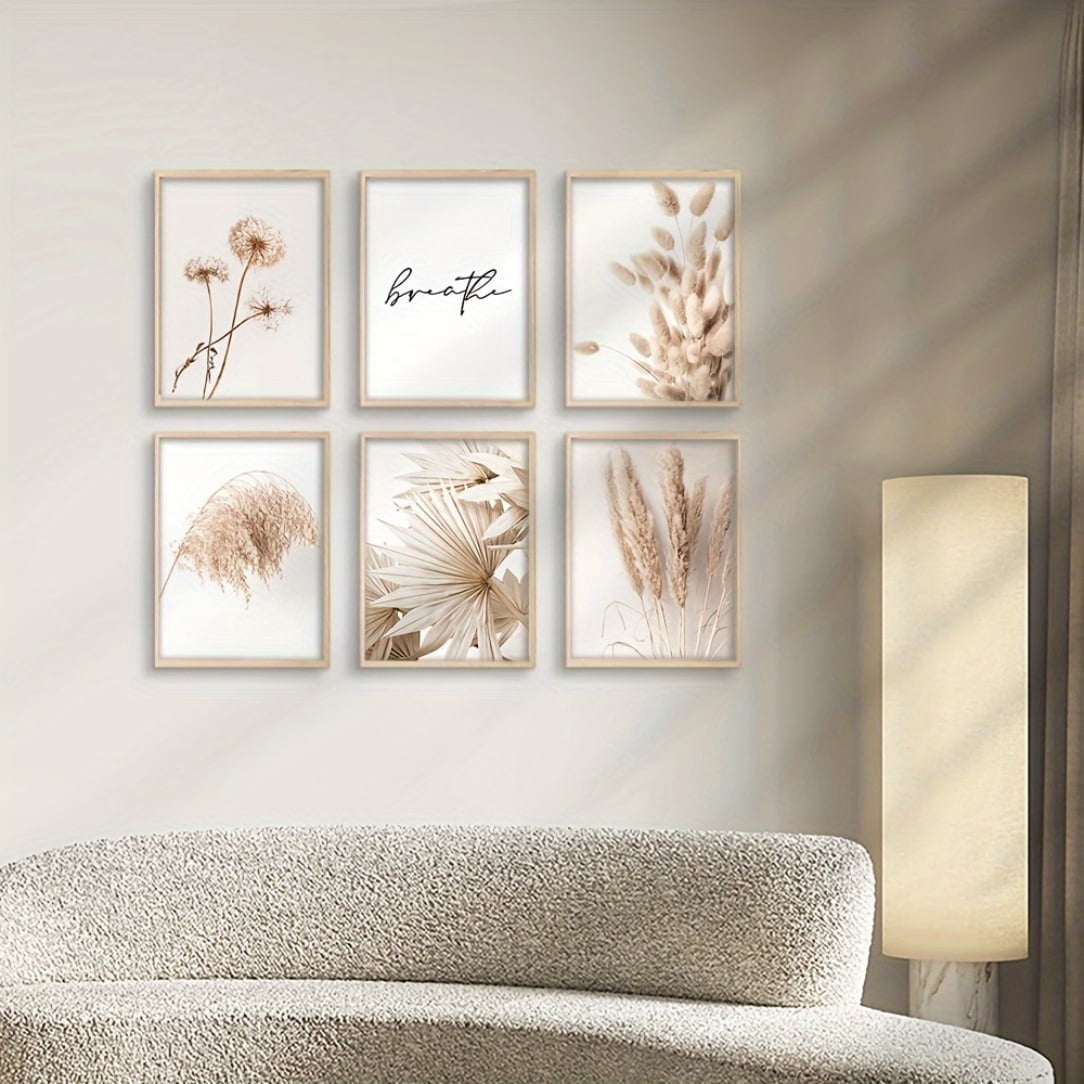 6pcs Set Frameless Art Prints - Beige Scenery with Hay Reed & Dandelion ...