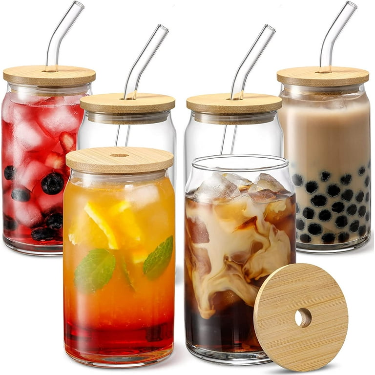 6pcs Set Glass Cups with Bamboo Lids and Glass Straw - Beer Can Shaped Drinking Glasses, 16 oz Iced Coffee Glasses, Cute Tumbler Cup for Smoothie