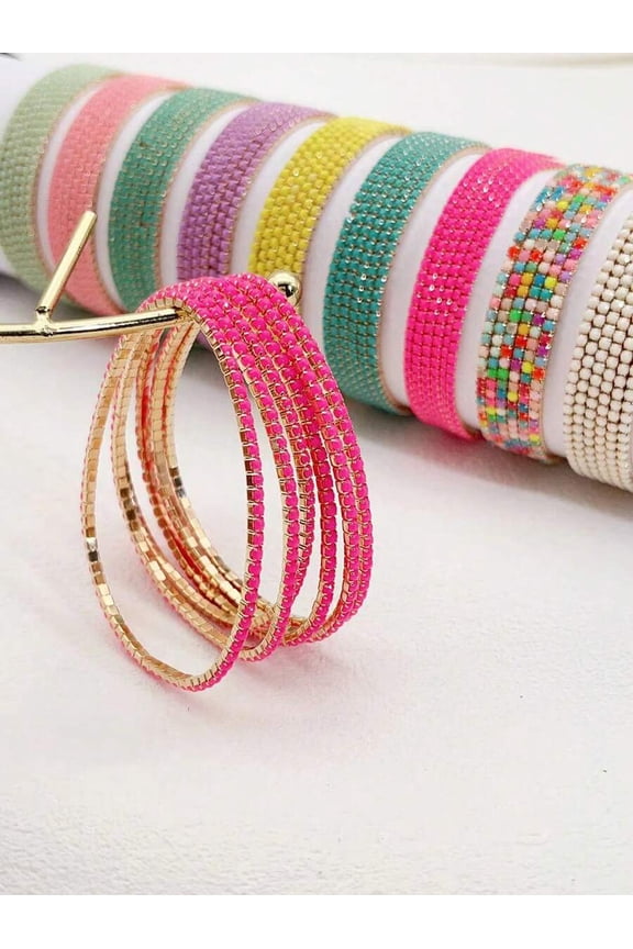 6pcs/Set Macaron Color Acrylic Rhinestone Elastic Bangle Bracelets For Women, Fashion Party Accessory