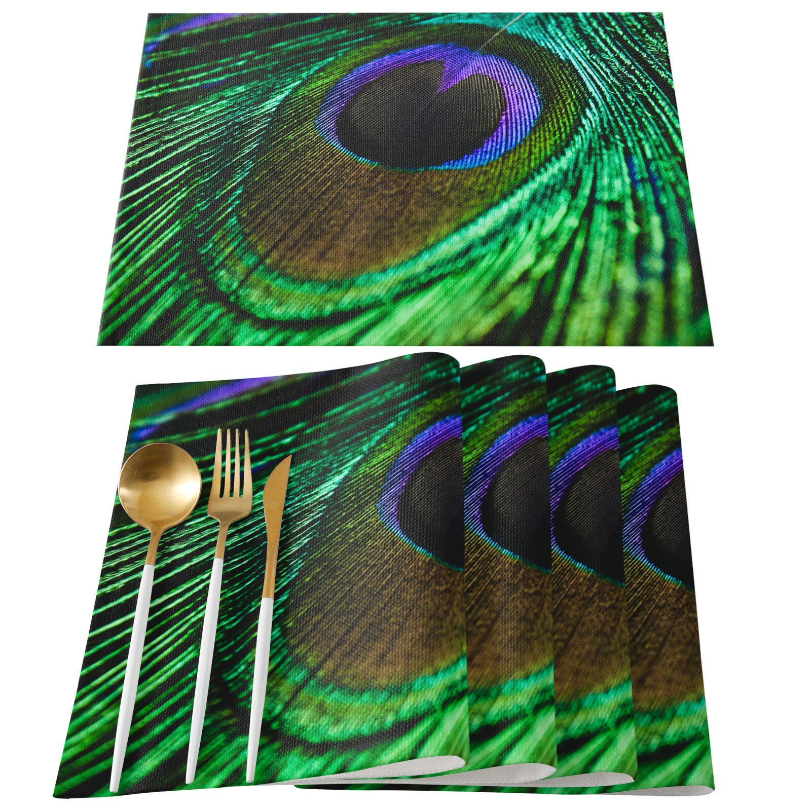6pcs Set Table Mats Peacock Feather Art Printed Cotton Linen Table ...