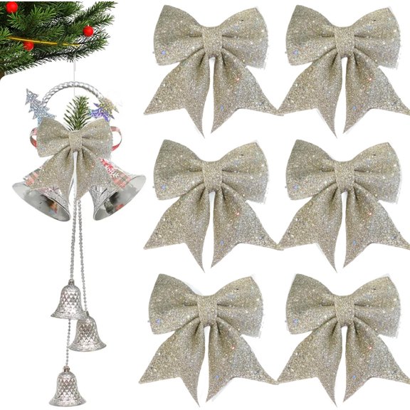 6pcs Shiny Bow Christmas Glitter Twist Tie Bows for Decoration Gift Box Wrapping, Christams Baskets Decor, Wedding Birthday Festival Party Decoration (5x5Inch)