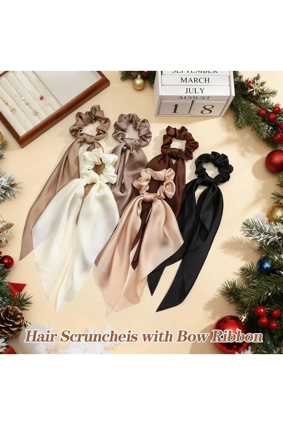 6pcs Silk Scrunchies with Bows, Knotted Bow Hair Ties with Long Ribbon for Women, Hair Scarfs Ponytail Holders Satin Elastic Hair Accessories