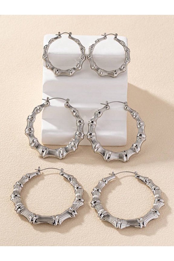 6pcs Silver Bamboo-Style Hoop Earrings Set For Party And Daily Wear