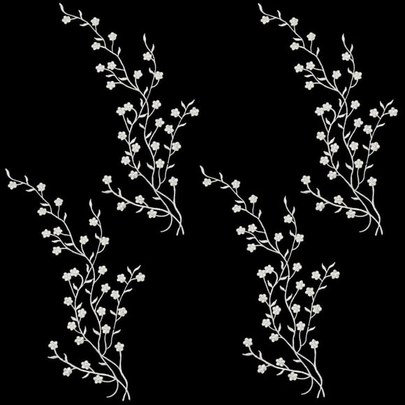 6pcs Silver Flower Iron on Embroidery Applique Plum Blossom Vines Patches Patches Ethnic Style Metallic Floral Embellishments Trim for Wedding Dress Decoration Repair DIY Craft White Fabric