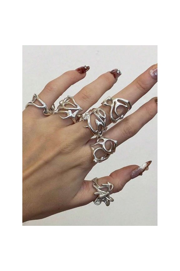 6pcs Silver Punk Hollow Geometric Thorn Metal Ring Set For Adults, Stackable Daily Or Party Wear