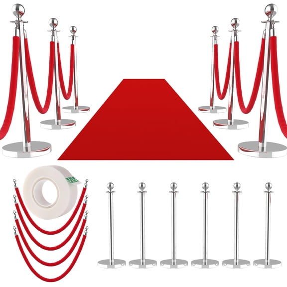 6pcs Silver Stanchions and Velvet Ropes, Red Carpet Runner with Poles, Stainless Steel Crowd Control Barriers Rope Safety Barriers Line Dividers for Party Bank Hotel