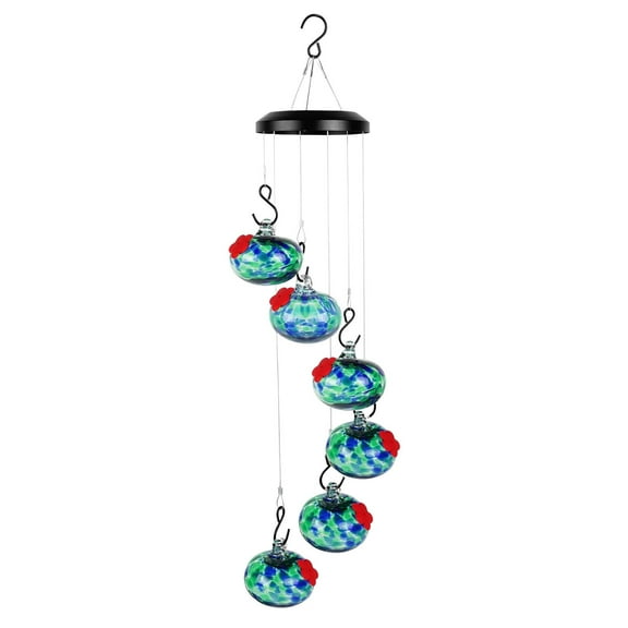 6pcs Small Blown Glass Hummingbird Feeders Wind Chime Outdoor Pendant Sunlight Refractor for Outdoors Hanging with Glass Humming Bird Feeders Garden Patio Decor for Outside